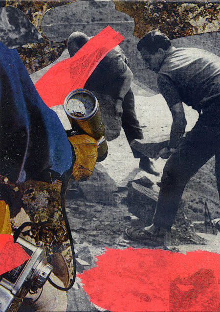 three people take rock and other measurement samples from the earth. collage with printed matter.