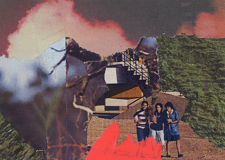 three people stand together on the ground, smiling, surrounded by nature. clouds of smoke rise. collage with printed matter.