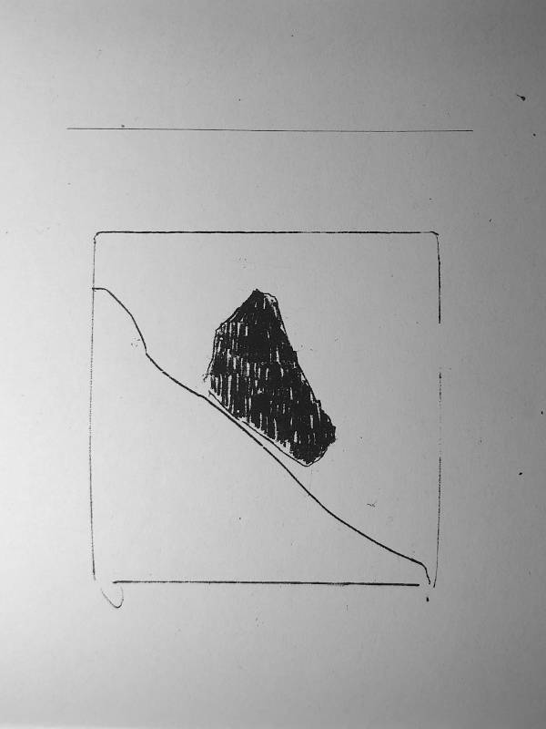 black form sliding down a line. drawing.