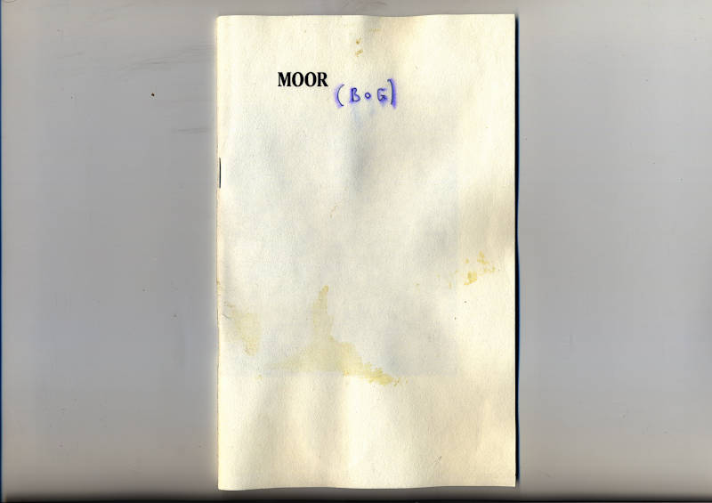zine cover with printed title MOOR and handwritten smeared purple english title (BOG), the white paper is wet and dirty