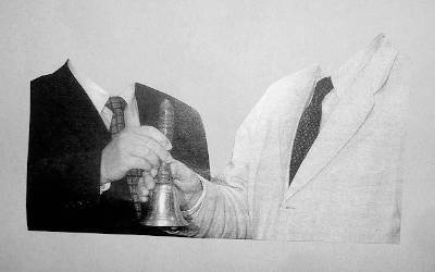 cut out newspaper image showing two white men holding a bell together. one person wears a business suit the other a white science suit. they have no heads.