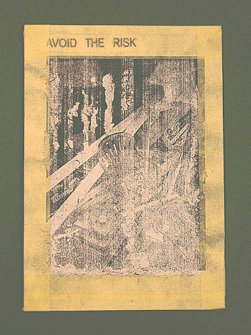 Monochrome picture of a Monobloc chair, that stands lost in a wooden shed. The words, Avoid The Risk, are printed above it. The paper is cheap copy paper is partially torn. The photographic drawing was mounted on a wooden board with pale yellow masking tape. For the time, the picture has been taken, this was the artist’s favorite studio spot in the garden.