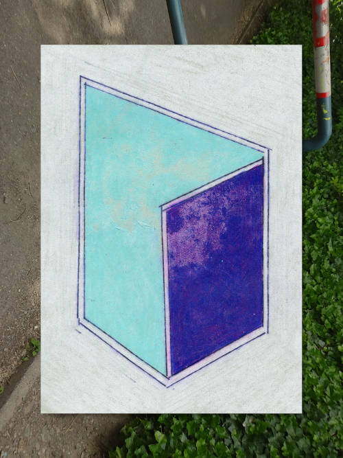 the contours of a door or other perspective drawing, it is not entirely clear. Purple and aqua cyan coloring