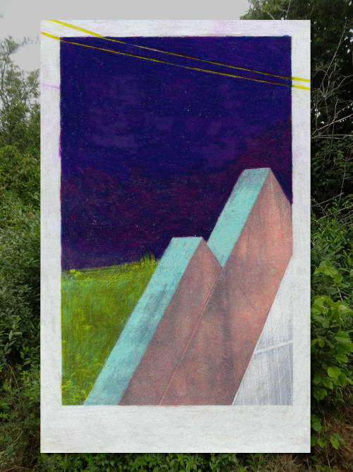 a picture of a park. there are concrete pyramid like structures infront of trees. the picture has been printed out in black and white and then colored by hand, purple, aqua cyan, green. The title KOGÜ stands for a park, that i visited a lot during that time, the Konrad-Günther-Anlage