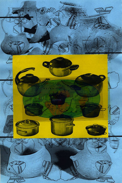 blue airmail paper monochrome black laser printed with a digital collage of various fragments of early earth decorated ceramic vessels. pasted over this is a yellow 1950s advertising illustration of stainless steel cookware. stapled over this are two printed transparencies, one showing an early earth map and the other a future one. The continents have moved.