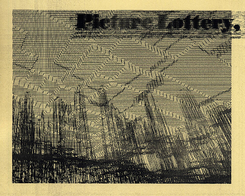 Black laser print on yellow blotting paper. A computer generated three dimensional outline vertex city and an old newspaper headline in bold serif typeface “Picture Lottery”
