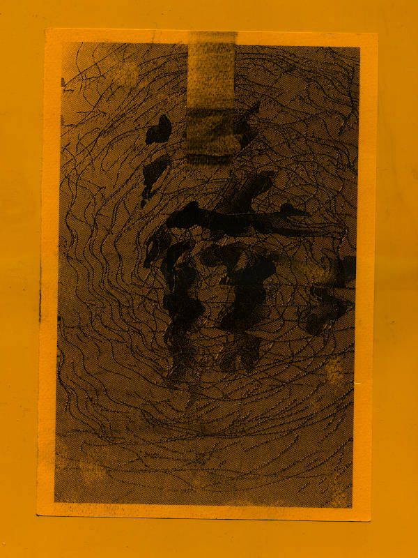 dirty laser copy scanned with orange light filter. whirly line pattern and drawings of sleeping people
