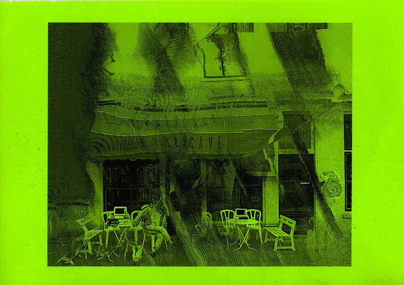 black laser print on green neon paper. A person wearing a training suit is sitting in a plastic chair outside a cafe. The cafe name CYBERCAVE is written on its marquise. Old desktop computers wait for more visitors on the tables outside.