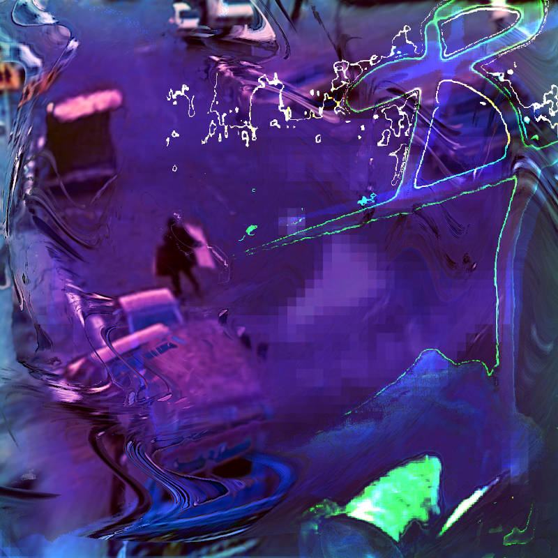 purple cyan green cover artwork, made from stills sampled from the movie Downtown 81 featuring Jean Michel Basquiat. The image shows the artist running down the street with a large painting in his one hand. Glitches appear, as well as a writing hand doing some graffiti work. The letter R is sprayed on the image.