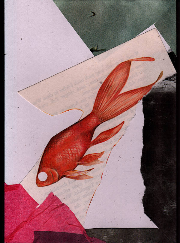the rear side of the collage with folded paper material and a cut out orange fish without eyes