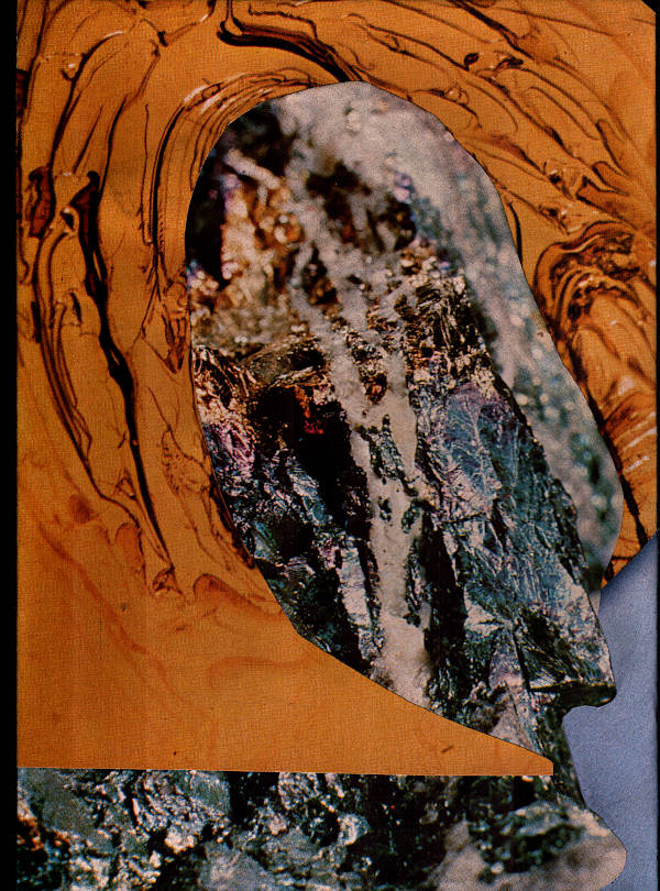 Yellow amber flows around a mineral. Front side of the collage.
