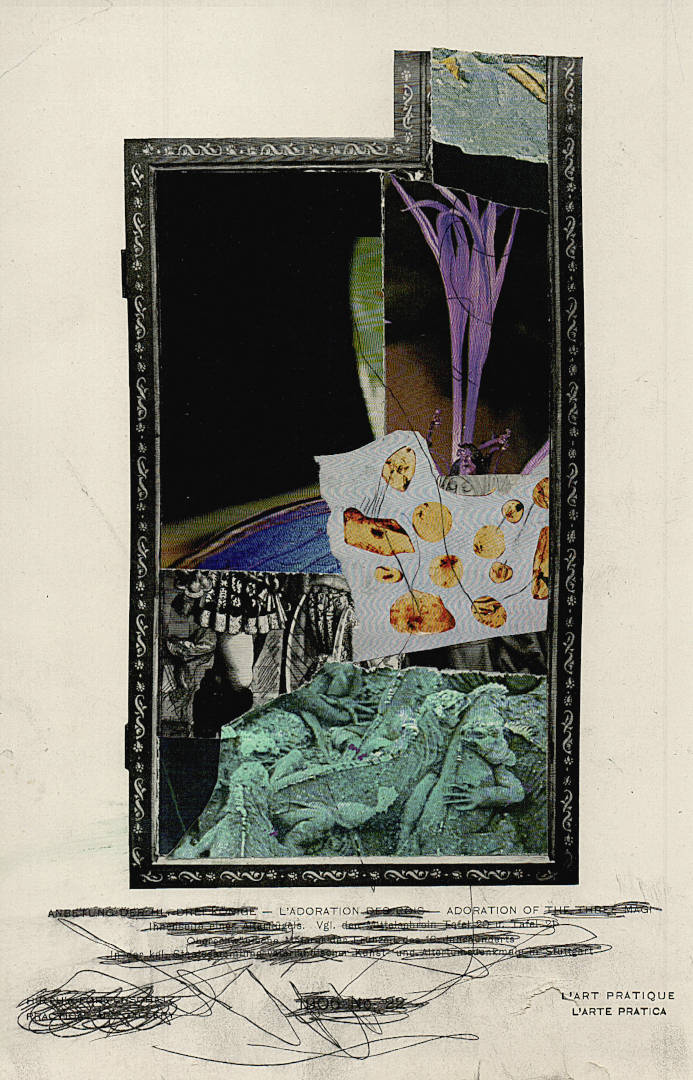 Old black-and-white art print reproduction of a panel painting. The title has been scribbled over and rendered illegible, with only the printed words “ADORATION OF / L'ADORATION DE; L'ART PRATIQUE / L'ARTE PRATICA” remaining. Only the frame and a few parts of the image are visible from the reproduced artwork, parts of human figures. The rest of the image is covered with scraps of printed matter and painted over, a horde of poisonous green giant lizards, a detailed view of the wing of a housefly, linked amber, a purple plant.