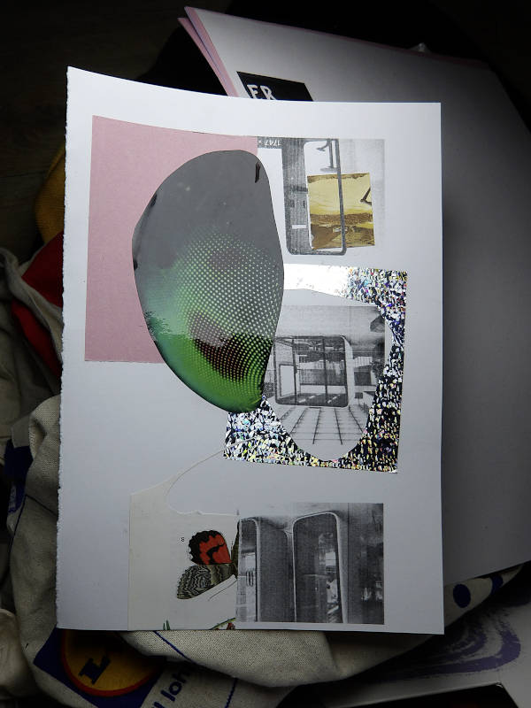 insect eyes and ‹new-work› office-workers cry booths, some glitter and half a butterfly, collage with printed matter
