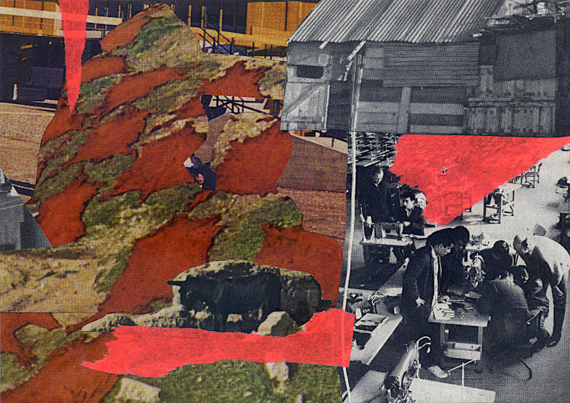 a built-up landscape with spread animal skins, huts and postmodern architecture. the interior of a textile factory with people inspecting one of the workplaces.