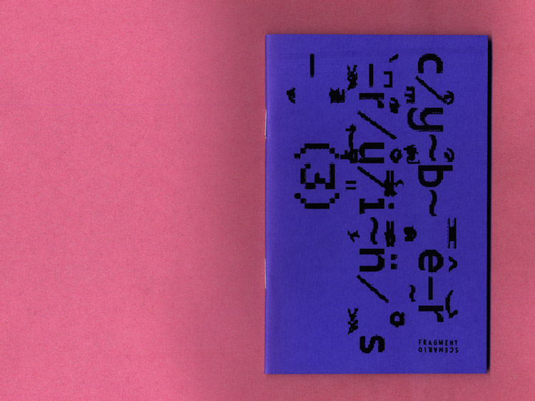 a purple book cover with a glitch typography title, laying on pink recycling paper as scan background