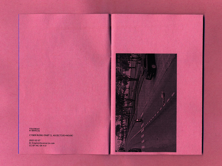 pink recycling paper. left page small imprint. right page the webcam screenshot from previous page. you see a scooter driving away from camera and an object lying on the street, unclear what, but it has been forgotten somehow