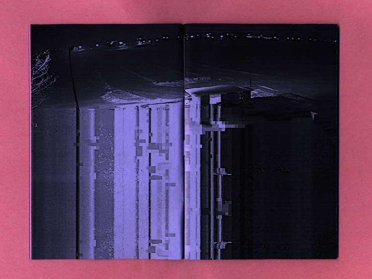 purple double page. a webcam screenshot of a russian bus stop covered in snow. the bottom part is glitched away