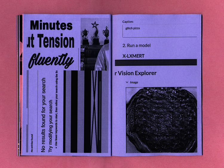 purple paper. left page a video screenshot with words “Minutes Tension fluently”. You see some awards in the background of the speaker’s shoulder. Beneath a failed search result message. Right page an AI image generator with given words “glitch pizza”, and yes the ai successfully generated a glitch pizza