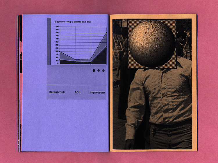 left page, purple paper, a diagram showing website traffic stats and offering upgrades. right page, cream paper, a picture of a person, there’s a moon-like globe layed over his head part, so you don’t see its face