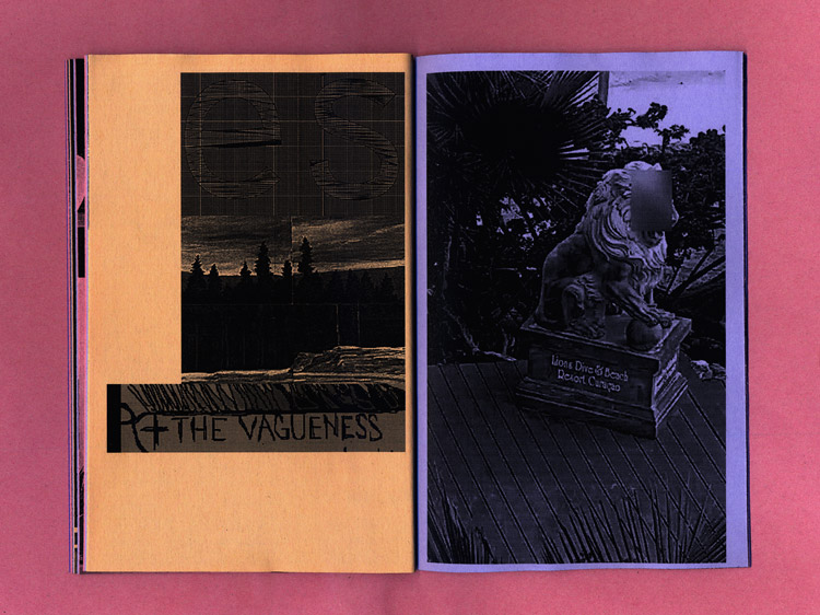 left page, cream paper, the german word es for it above a dark forest picture from an old book and a music show flyer announcing a band called The Vagueness. Right page on purple paper, a lion statue at the entrance of some club. It’s a webcam screenshot and the webcam automatically blurred out the lion’s face for privacy reasons…