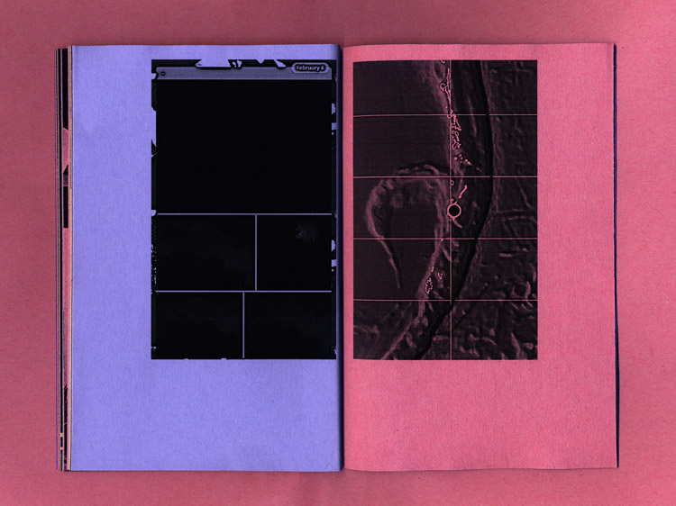 left page on purple paper shows a screenshot of some messenger service image gallery, all images are black. the grid of the images resembles the right page image on pink paper, which shows a world map with gridlines, some place on the sea