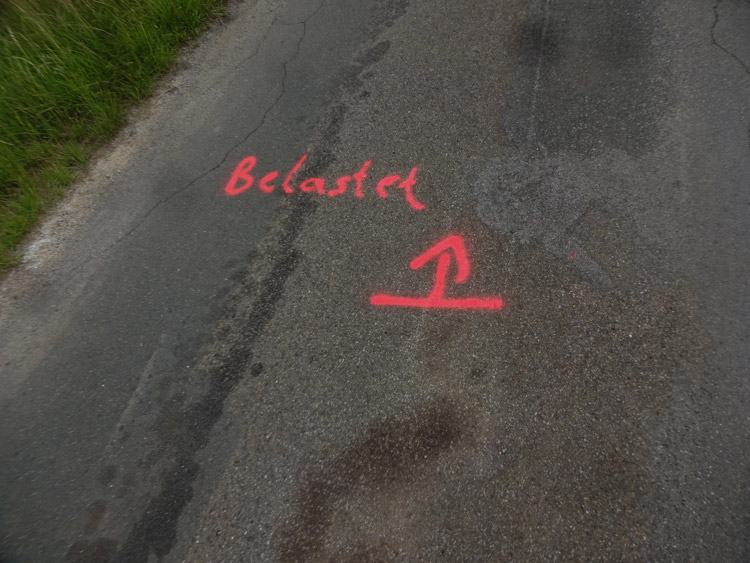 the word loaded is written on the street with spray paint