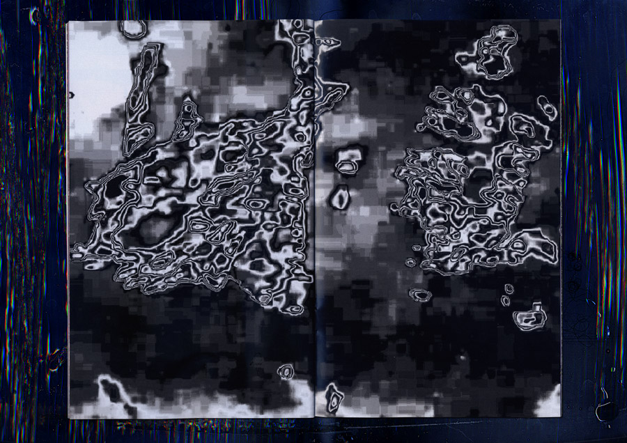 grayscale image of two liquid pixel glitch forms meandering around