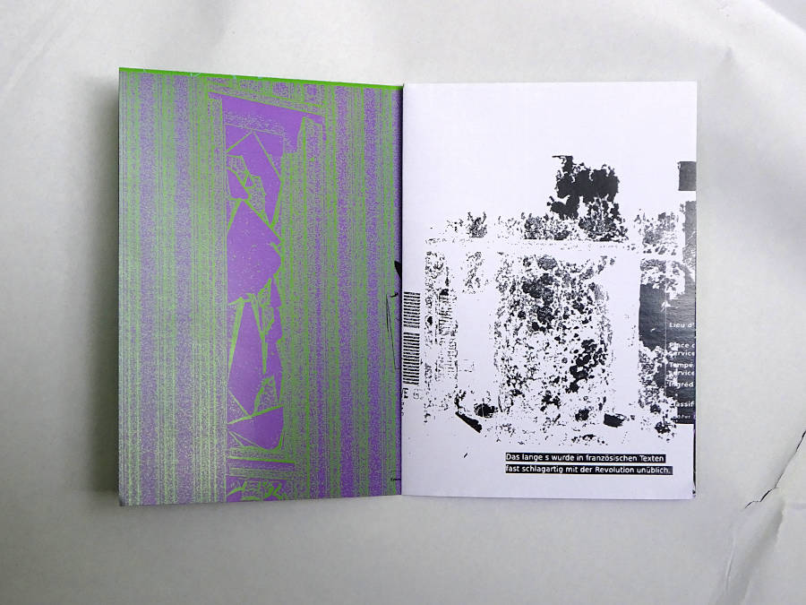 the following two pages show on the left page a lilac green drawing of a broken factory window and black vector drawing of an explosion or flames.