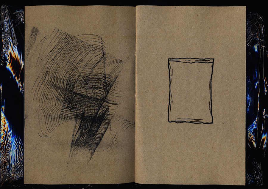 open book, left page comb traces, right page outline of some product’s packaging bag