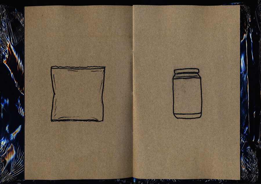 open book, left page outline of some product’s packaging bag, right page outline of a jam jar