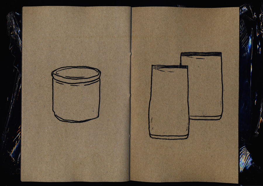 open book, left page outline of a jam jar, right page outline of two product’s packaging bag