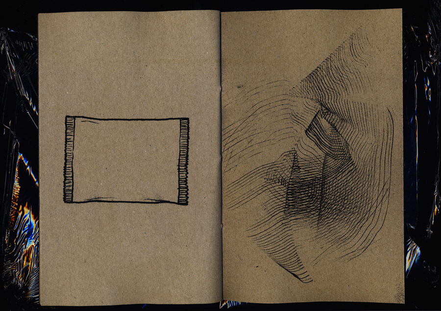 open book, left page outline of some product’s packaging bag, right page comb traces