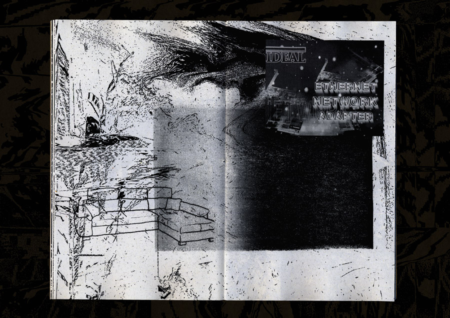 spread page collage drawing with smeary glitch lines, the outline drawing of a couch and a packaging of some early 2000s ethernet network adapter card packaging