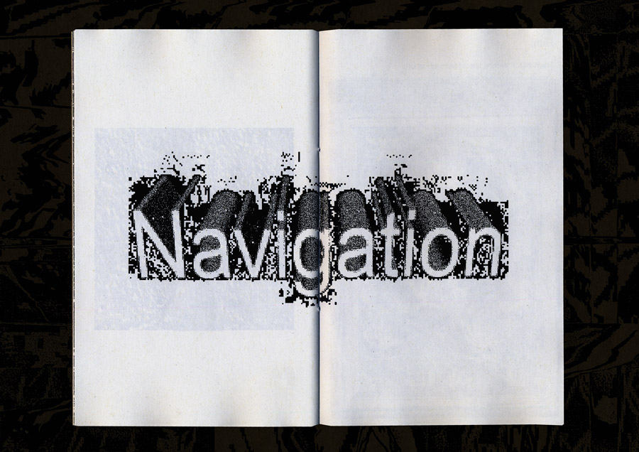 spread page print of some 3d wordart gif animation text. Navigation. This time it’s glitched.