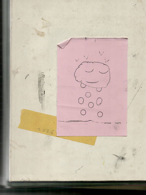 carbon trace drawing of a smiling cloud pouring large drops above a landscape horizon line
