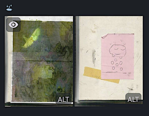 mulching glaze & pouring cloud, water color and carbon trace drawings next to each other in a screenshot