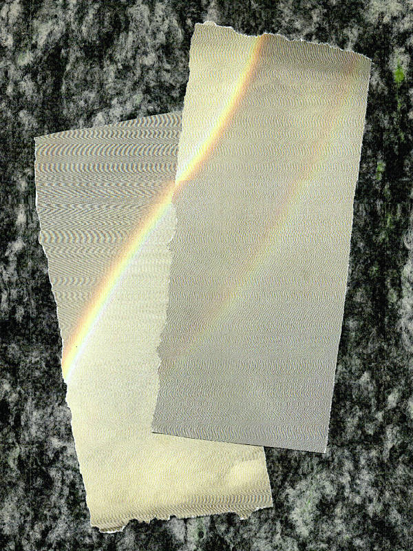two cut and paste rainbows; collage with printed matter on Wolkenmarmorkartonage;
