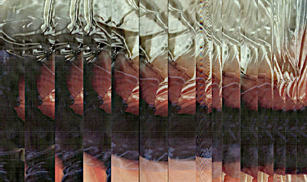 glitch drapery; abstract cut up collage with printed matter and handscanner device; digital scan image;