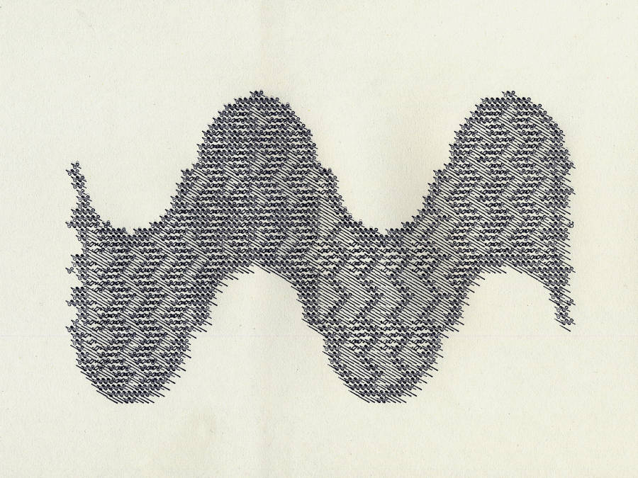 black typewriter drawing on paper. A wavy rug form with different zigzag patterns.
